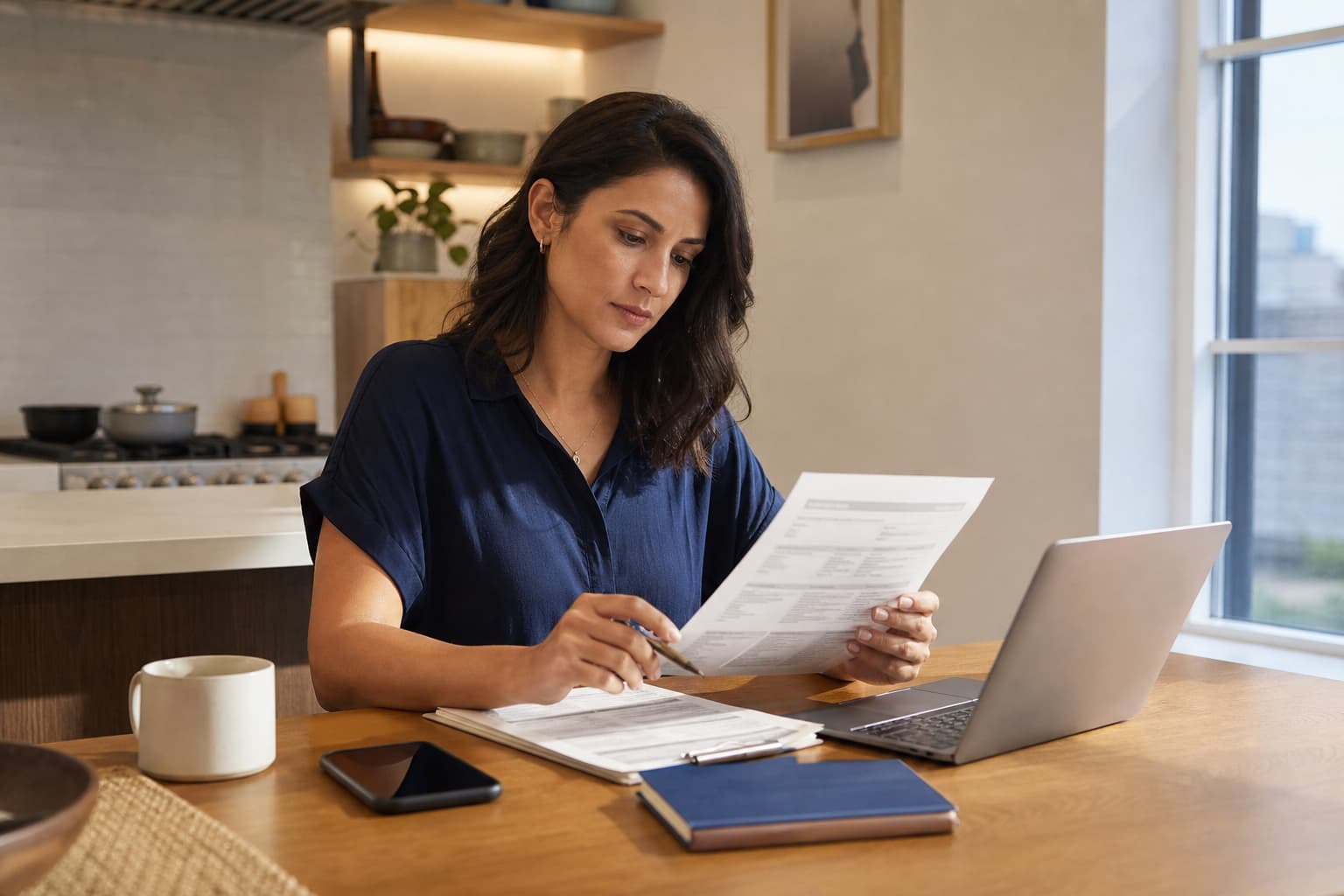 Person reviewing insurance documents at a table before a policy renewal