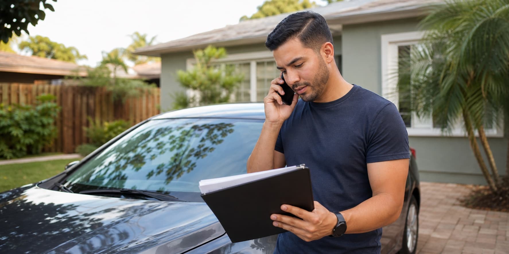 Driver checking coverage details beside a car
