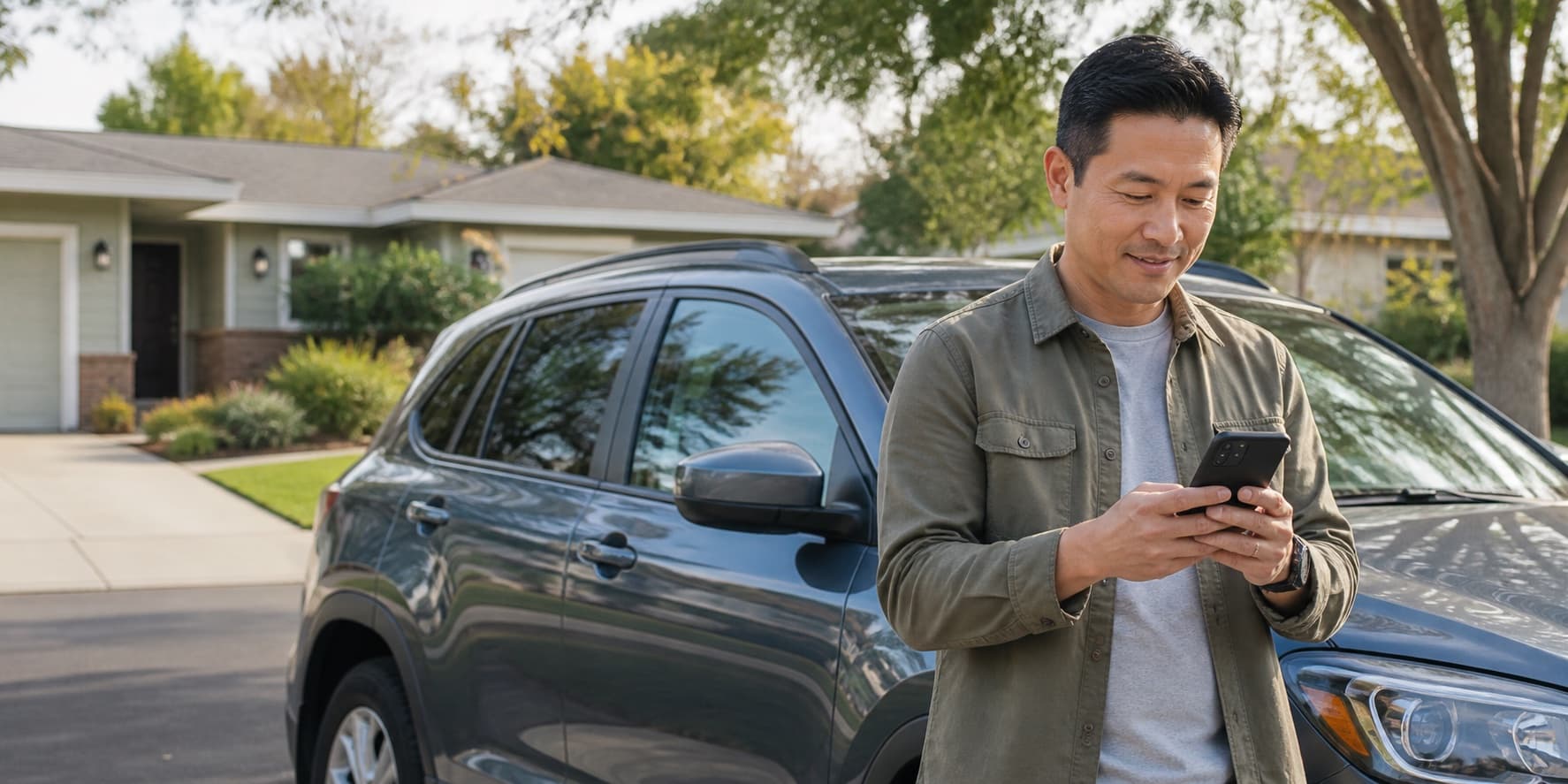 Driver in Mesa reviewing car insurance options beside a vehicle