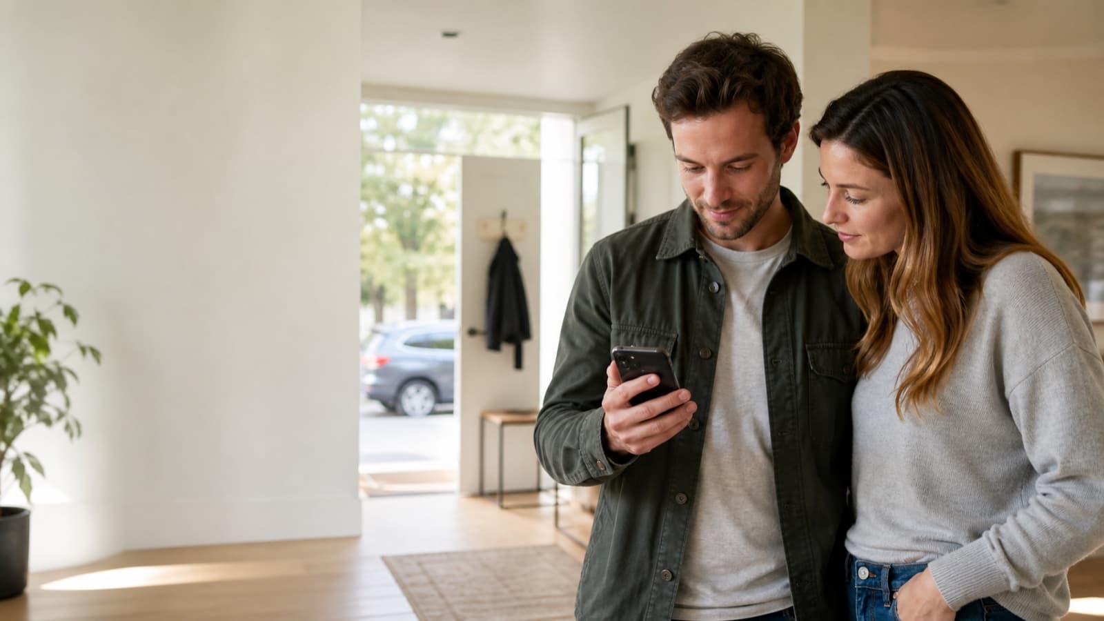 A couple reviewing insurance information together on a phone at home